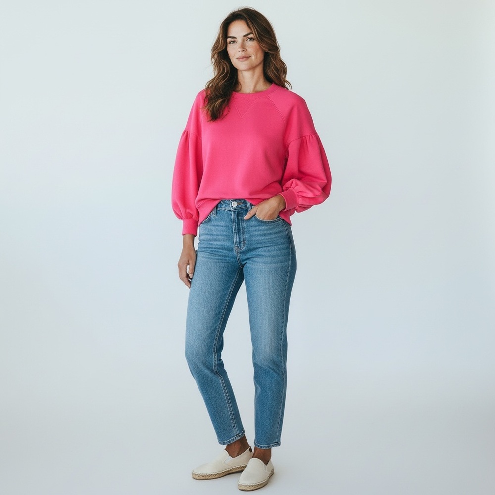 The Greii Pink Puff Sleeve Crewneck Sweatshirt Pullover Size L Cozy Chic